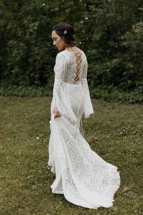 Lace Polka Dot Boho with Sleeves Bohemian Wedding Dress,MW274 – Musebridals