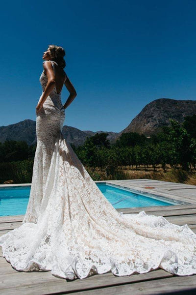 White Halter Lace Sweep Train Beach Wedding Dresses, Appliques Wedding  Gown, MW161