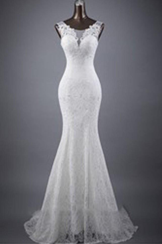 White Sleeveless Mermaid Lace Up Wedding Dresses, Popular Bridal Dress ...